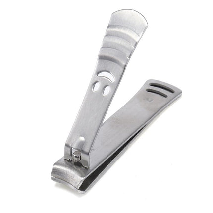 Stainless nail clipper showing open handle, curved blade, and finger rest
