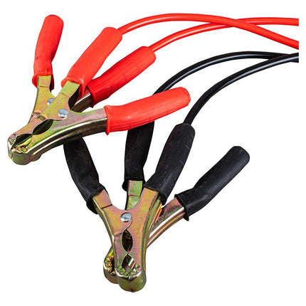 Battery jumper cables close-up with red insulated clamps on black wires