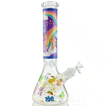 Clear water beaker with rainbow arc and Care Bears clouds, flip-top lid, side spout