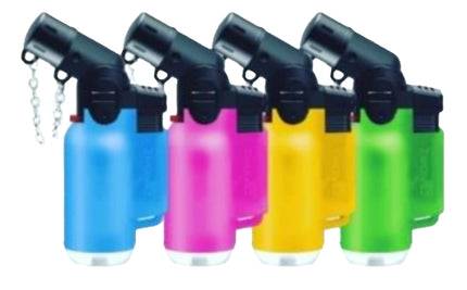 Set of 4 colorful jet lighters with black tops: blue, pink, yellow, and green