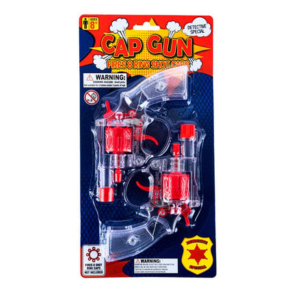 Cap gun toy set blister pack with red caps and plastic launcher, 2-piece