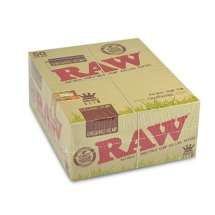 RAW organic hemp rolling papers king size slim box, red RAW logo on tan pack
