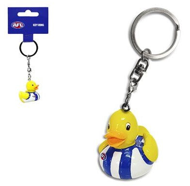 AFL key ring with yellow duck mascot charm and blue-and-white striped jersey