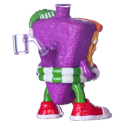 Colorful glass water pipe shaped pizza character with purple body and side tube.
