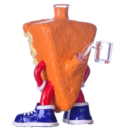Orange pizza-slice glass water pipe, side view, with clear square chamber and blue shoes