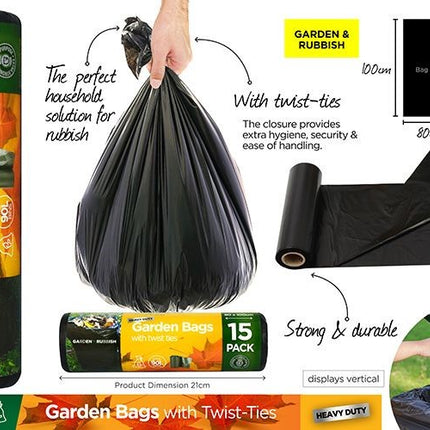 Garden rubbish bags with twist-ties, 15-pack, shown holding bag