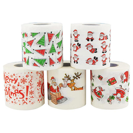 Christmas novelty toilet paper rolls with Santa, reindeer, and holiday character prints
