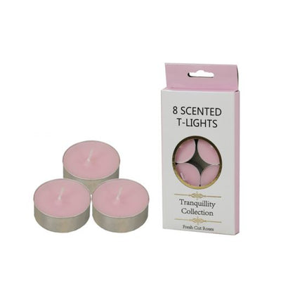 Set of 8 pink scented tealight candles in metal cups, Fresh Cut Roses fragrance
