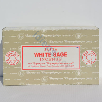 Rectangular Satya White Sage incense box, red-and-white front label