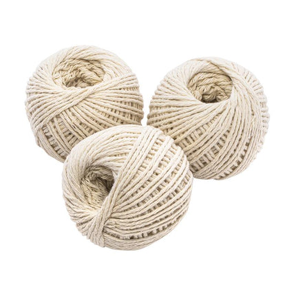 Three light beige cotton twine balls, coiled rope bundle