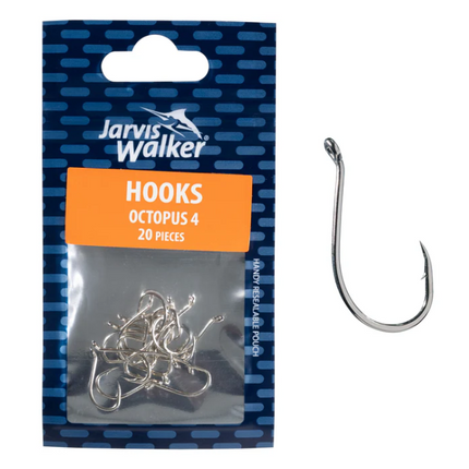 Nickel octopus fishing hooks, size 4, 20-pack in retail package
