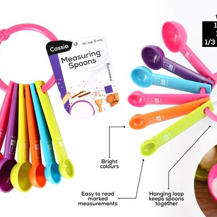 Colorful 6-piece measuring spoon set with loop handle and individual spoon sizes