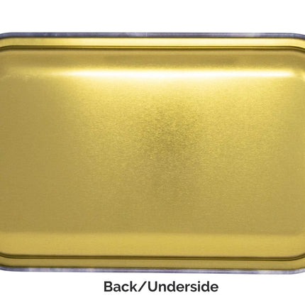 Large metal rolling tray base in gold with smooth raised rim