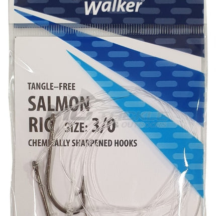 Salmon fishing rig with tangle-free hooks in clear plastic bag