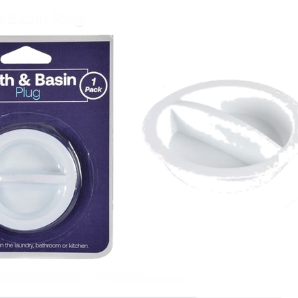 Bath and basin plastic plug in white, shown in retail blister pack