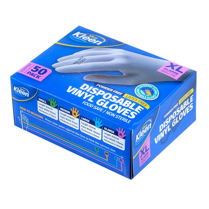 Powder-free latex-free disposable vinyl gloves, XL size, 50-pack box with glove illustration