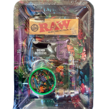 Smoking set in clear sleeve with green circular container, glass pipe, lighter, screen box