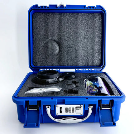 Electric LED bong kit in open blue travel case with foam padding and control panel