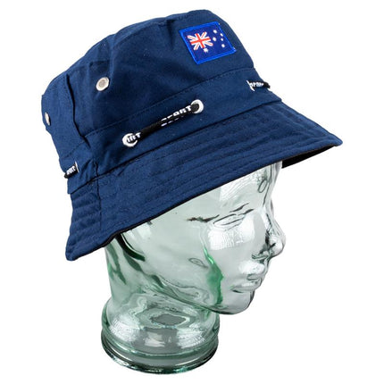 Navy bucket hat with front strap details and embroidered Australian flag patch
