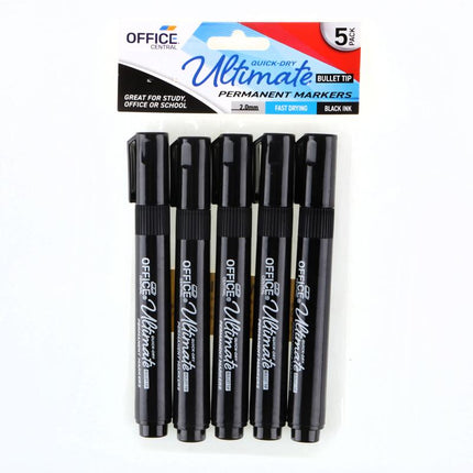 Black permanent markers, 5-pack with bullet tips
