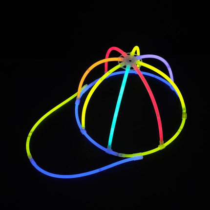 Colorful glowing party cap with multicolored tube loops and central headpiece
