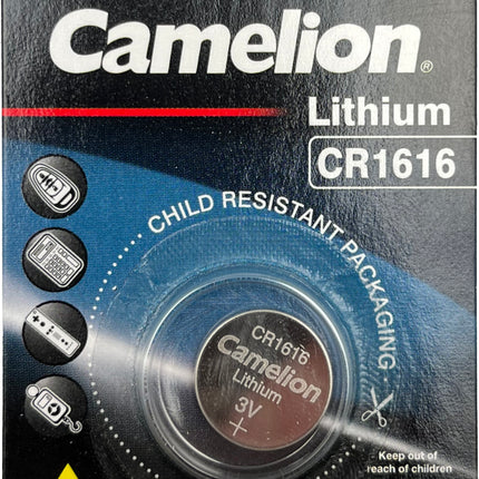 Camelion CR1616 3V lithium button cell battery in child-resistant blister packaging