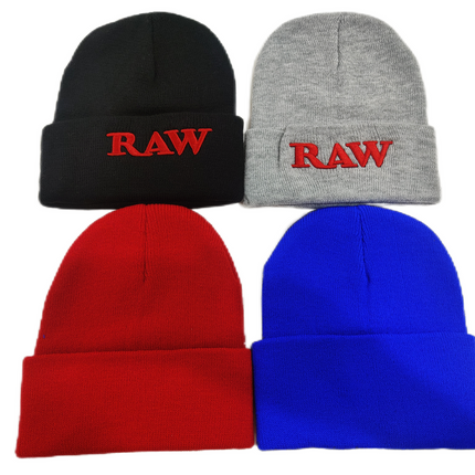 Set of four adult beanies in black, gray, red, and blue with RAW lettering