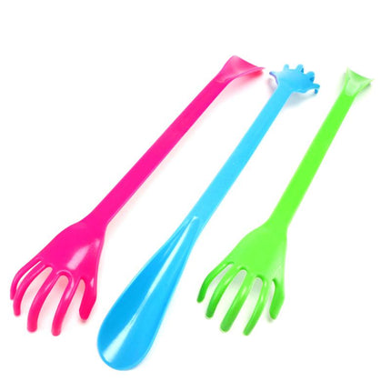 Plastic back scratcher tool, three-prong fork head; pink, blue, and green.