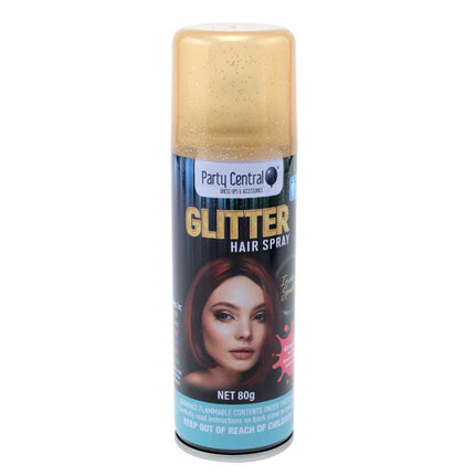 Gold glitter hair spray canister with blue label and net weight 80g