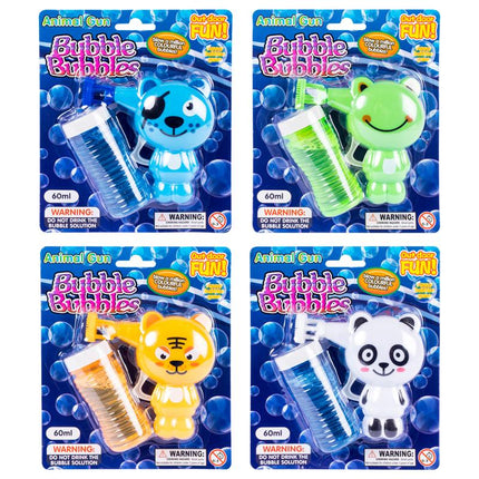Blister pack animal bubble gun with 60 ml solution, assorted animal designs