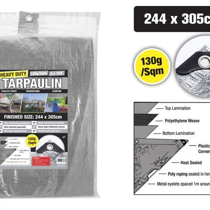 Gray heavy-duty tarpaulin tarp with grommet, 244 x 305 cm feature diagram