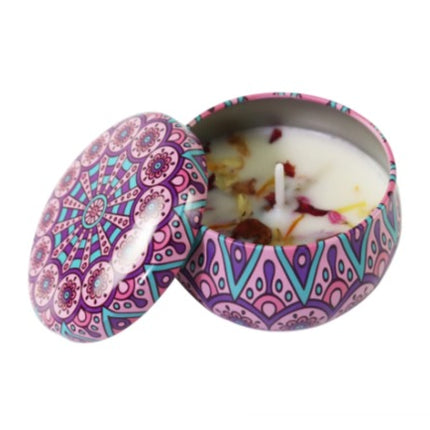 Lavender-scented soy candle in patterned votive tin with lid