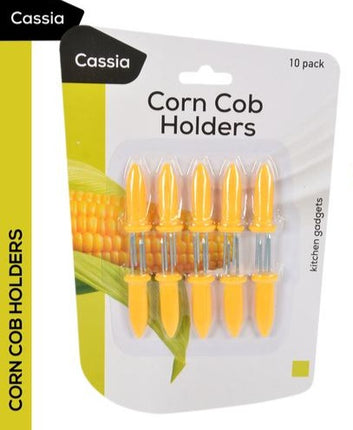 10-pack corn cob holders with yellow handles and clear plastic grips