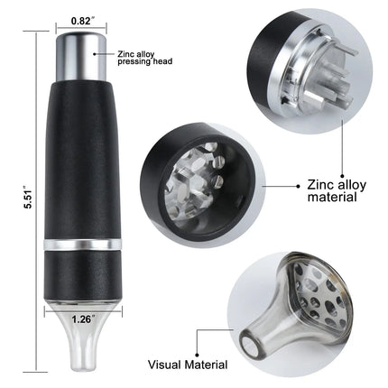 Manual press grinder with black body and zinc alloy pressing head, clear grinding chamber