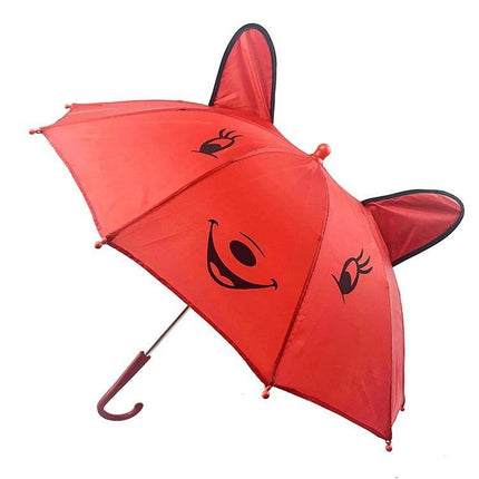 Kids shark-shaped umbrella in red with angry-cute face print and curved handle