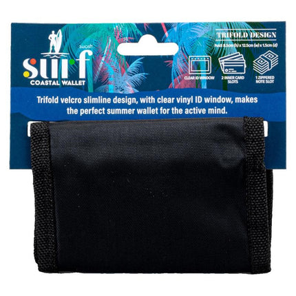 Black nylon trifold wallet with Velcro closure, slim design.