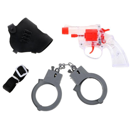 Police play set accessories: clear red cap gun, black handcuffs, black glove and strap