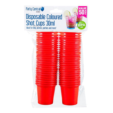 Disposable red shot cups, 30 ml, stacked in pack (50 count).