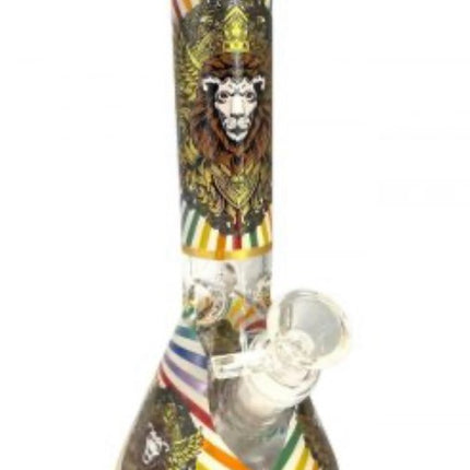 Gold lion water beaker bong with yellow and rainbow stripes, clear glass chamber