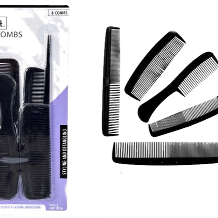 Black unisex hair comb set, 6 assorted combs with fine and wide teeth