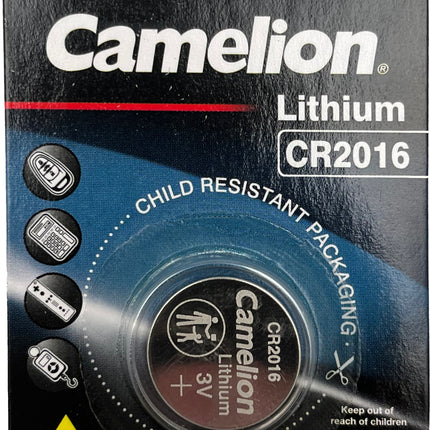 Camelion CR2016 3V lithium button cell battery in child-resistant blister pack