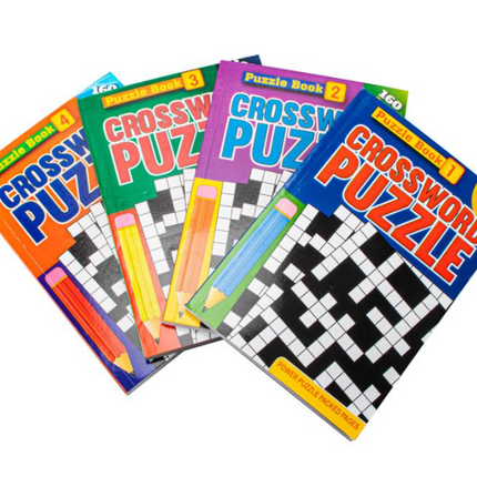 Crossword puzzle book set of four A5 covers fanned out, showing crossword grid designs