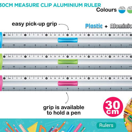 30 cm aluminium rulers with pen clips, blue and pink grips, printed measurement scale