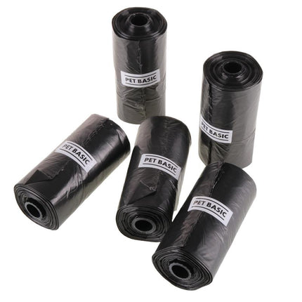 Assorted black dog clean-up bag rolls with PET BASIC labels