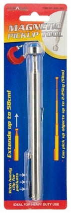 Extendable magnetic pickup tool with steel rod and strong magnet tip, in retail blister