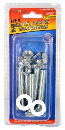 Hex bolts, nuts and washers set in blister pack, 50mm silver hardware