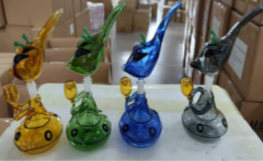 Colorful alien-shaped glass water pipe with curved neck and mouthpiece