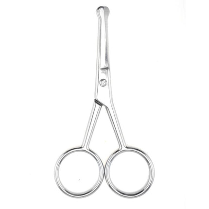 Stainless steel pet facial shears with two round finger loops and narrow blades