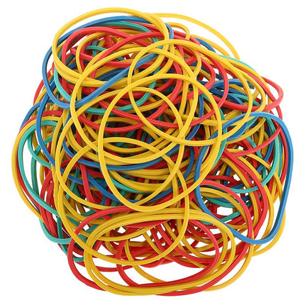 Assorted-color rubber bands, tightly piled multicolored loops
