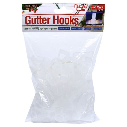 50-pack Christmas light gutter hooks in clear bag, heavy-duty clips